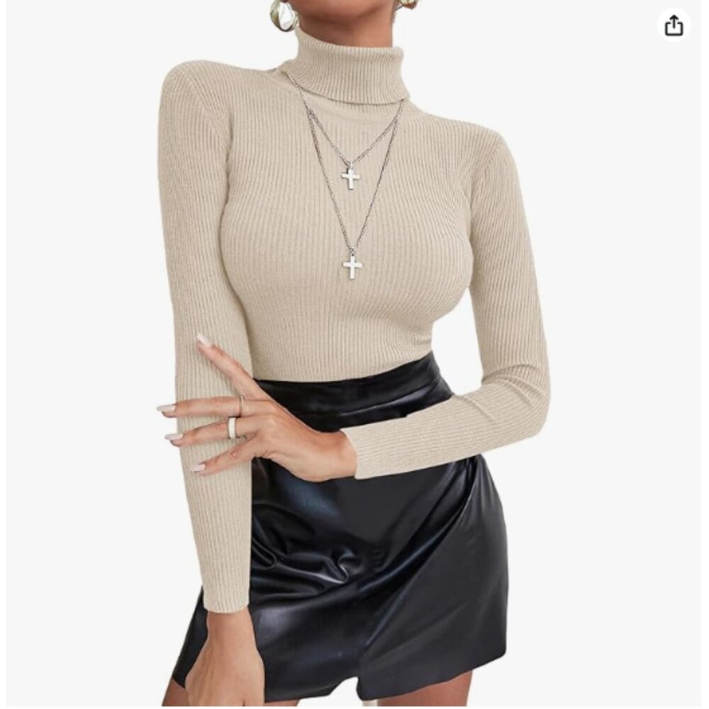Women's Thin Lightweight Knit Ribbed Turtle Neck Long Sleeve Pullover Sweater
